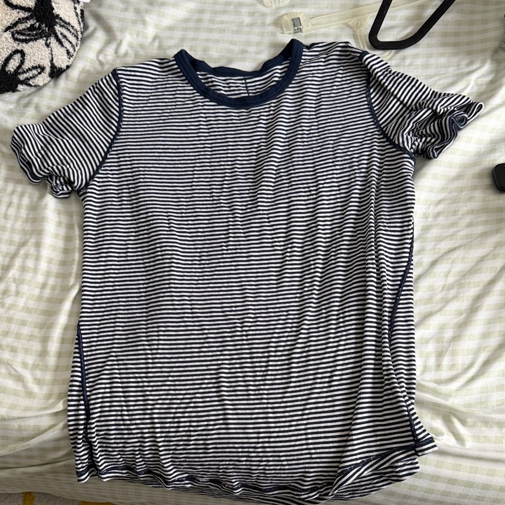 lululemon athletica Navy and White Striped Short Sleeve Tee
